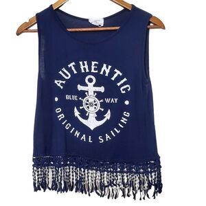 Peaches & Cream Navy Blue Sailing Cropped Fringe Shirt Size Medium